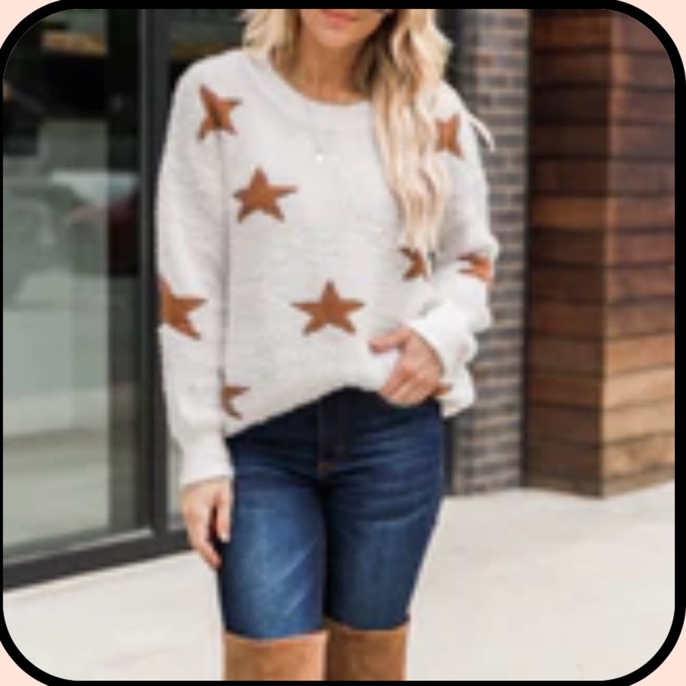 Pink Lily Make a Wish Fuzzy Brown Star Sweater